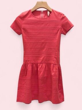 Short-Sleeve Red Pintuck Fit-and-Flare Dress